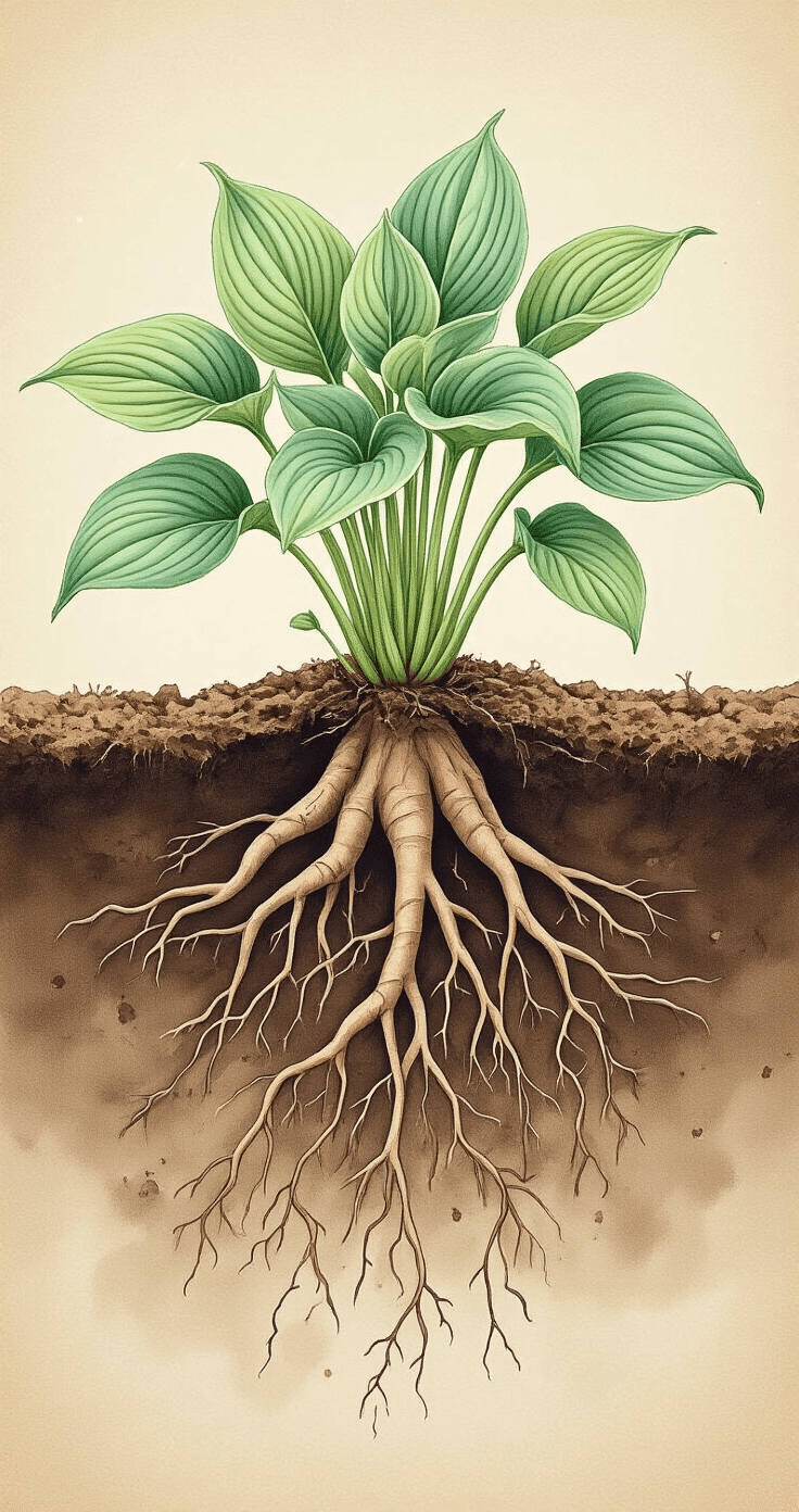 A detailed botanical illustration showing an overhead view of a hosta crown and root system, with exposed soil layers revealing intricate root networks in soft diffused lighting, rendered in delicate watercolor-like style with muted earth tones of sienna, olive, and clay, highlighting precise botanical techniques for underground plant structures.