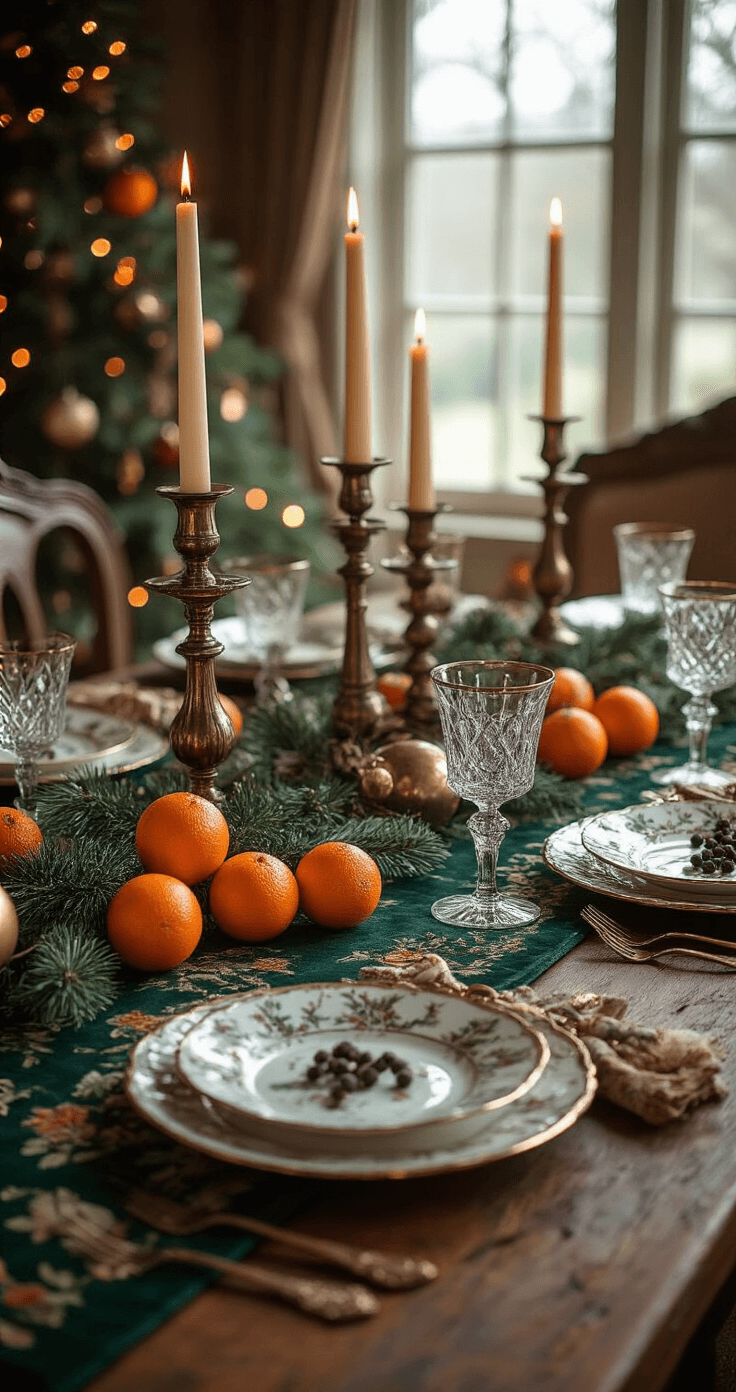 Eclectic vintage Christmas table adorned with mismatched antique brass candle holders, clove-studded oranges, and heirloom ornaments; rich brocade table runner in deep forest green paired with vintage china and modern glassware, all illuminated by warm tungsten lighting for an intimate atmosphere.