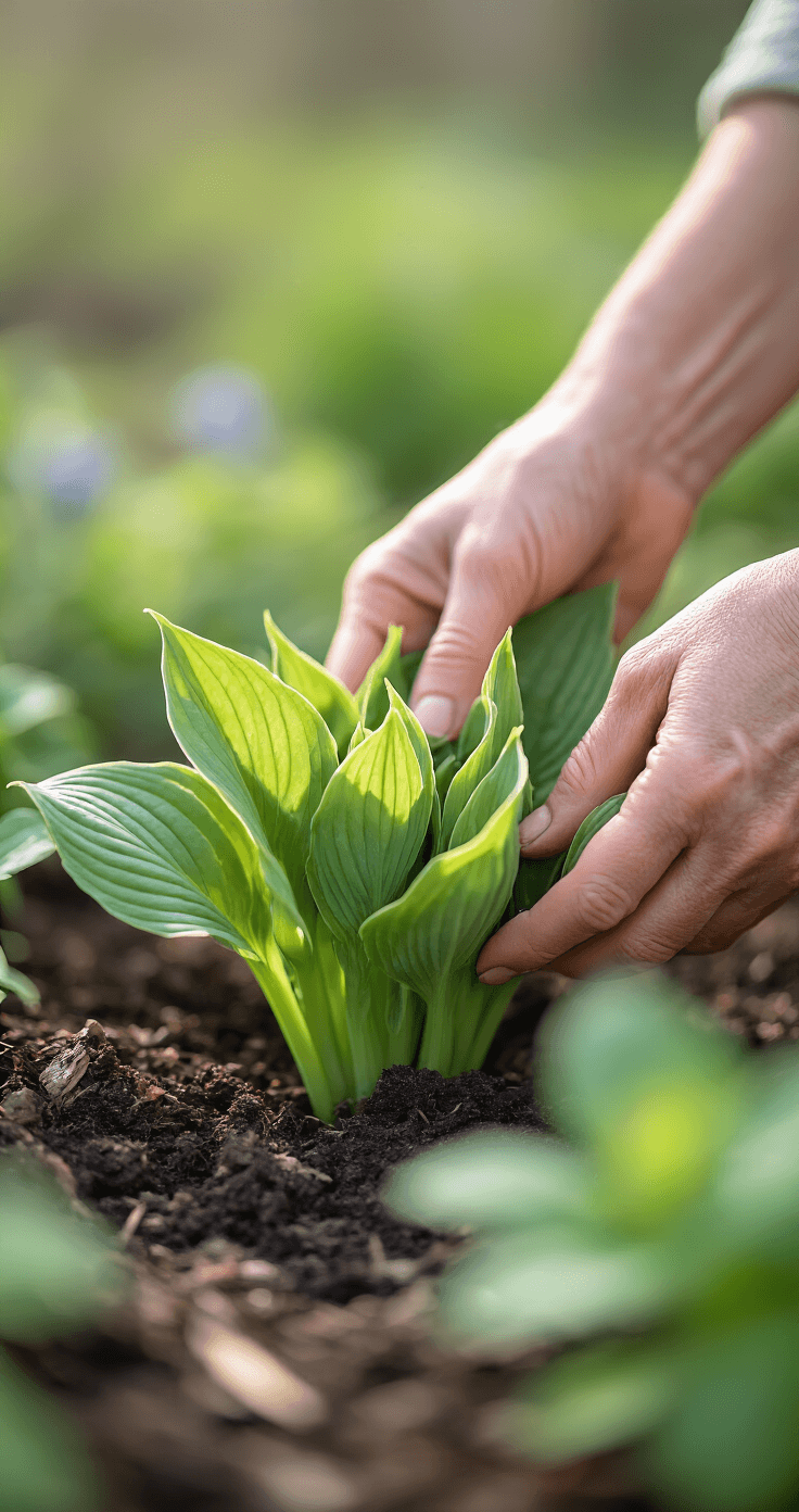 A close-up of a gardener's hands delicately removing dried hosta leaves to uncover fresh green shoots in a tranquil spring garden, with soft pastel morning light illuminating the textured soil and mulch, while a blurred background showcases a vibrant awakening garden in cool mint and sage hues.