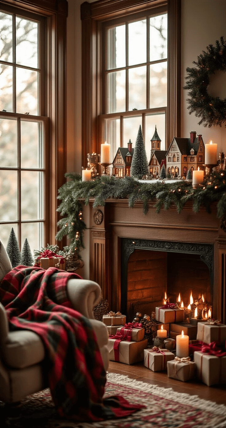 An ultra-detailed Christmas village mantel displaying vintage miniatures in red and green, layered flameless candles, and a plaid wool throw, bathed in soft golden light from vintage windows, with wrapped packages and a textured pine garland, conveying a warm, nostalgic holiday atmosphere.