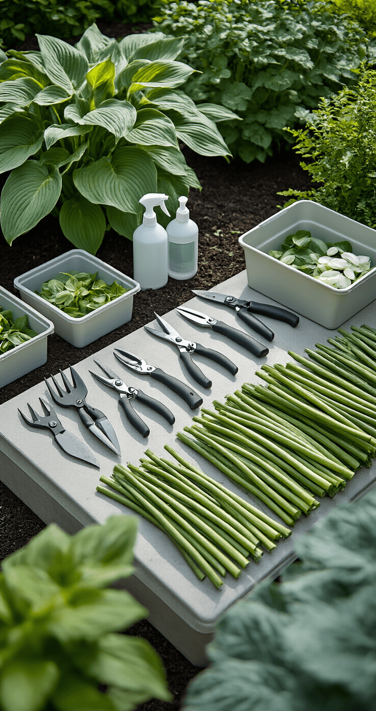 A meticulously organized garden workspace featuring a comprehensive hosta bed preparation, with sterilized pruning tools, labeled containers of rubbing alcohol, and freshly cut hosta stems arranged neatly, all captured in a cool neutral color palette of gray, white, and sage green.