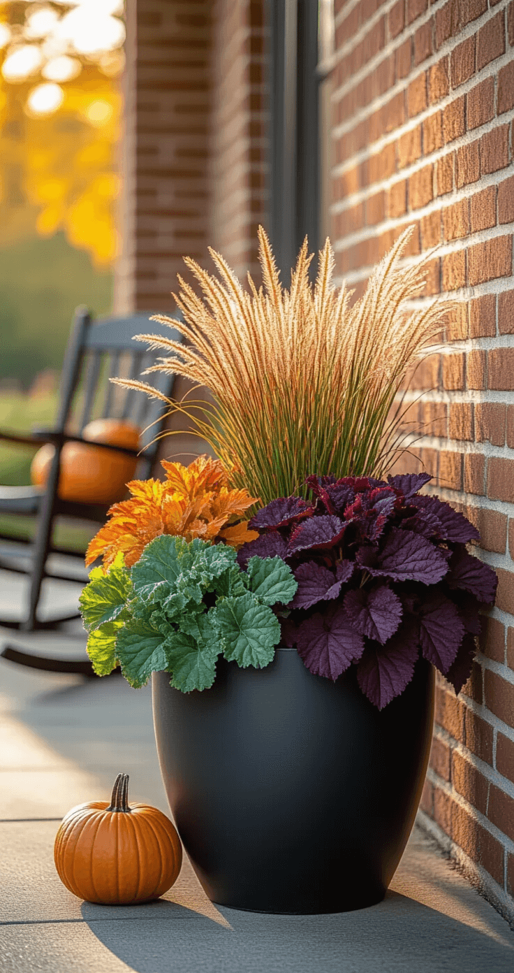 Cinematic autumn front porch with ornamental kale, fountain grass, and burgundy heuchera in a black matte planter, illuminated by golden morning light, featuring dew droplets, soft shadows, and a blurred background of pumpkins and a wooden rocking chair.