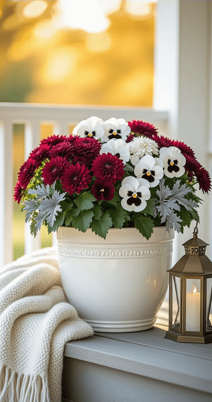 Sophisticated fall container arrangement in a white ceramic planter with deep burgundy mums, white pansies, and silvery dusty miller on a wooden porch step, featuring soft morning light, gentle shadows, a folded wool throw, and a vintage brass lantern.