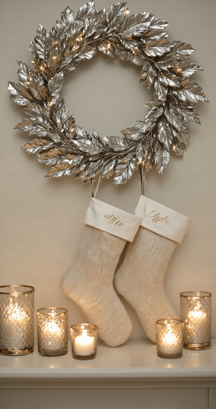 Elegant mantel design featuring a metallic wreath, personalized cream stockings with gold monogramming, and grouped glass hurricanes with fairy lights, all in a warm champagne and platinum color palette. The setup is styled with negative space and ambient evening lighting, highlighting luxurious textures and creating a soft glow.