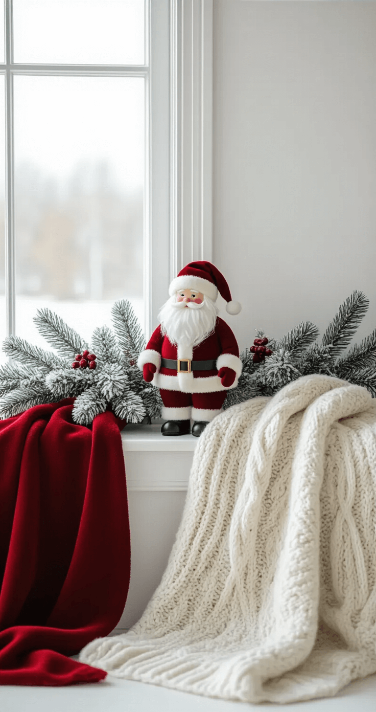 A minimalist Nordic Christmas mantel scene featuring a white flocked garland with red velvet accents, a traditional Santa figurine centerpiece, and a soft cable knit wool blanket nearby, set against pure white walls and illuminated by natural light from a large window, emphasizing simplicity and warmth.