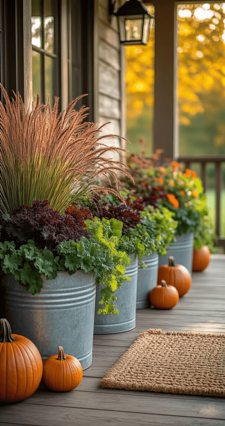 A rustic farmhouse front porch adorned with galvanized metal containers filled with ruby ornamental grass, mixed kale, and trailing ivy, illuminated by soft afternoon sunlight. The scene features a weathered wooden floor, a woven doormat, and strategically placed pumpkins and gourds, all in warm hues of burnt orange, deep green, and copper, creating a bountiful harvest aesthetic.
