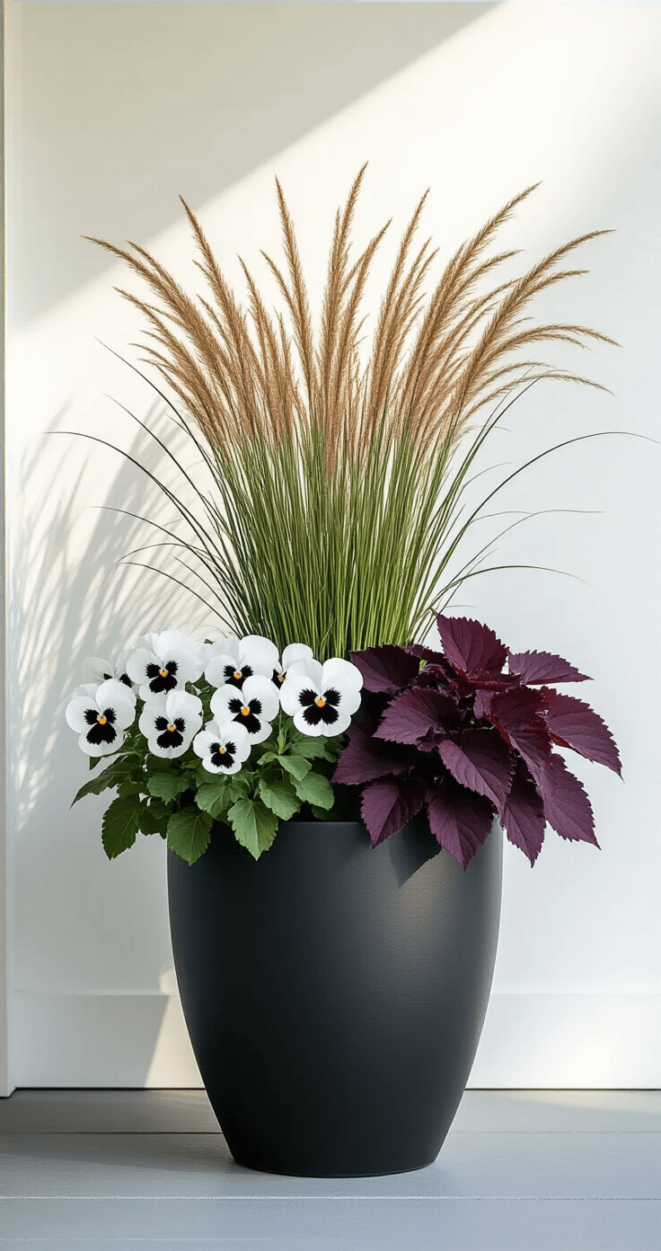 Minimalist fall container design featuring a large black planter with tall fountain grass, white pansies, and burgundy heuchera against a white porch wall, illuminated by soft morning light that accentuates plant silhouettes and architectural composition with negative space.