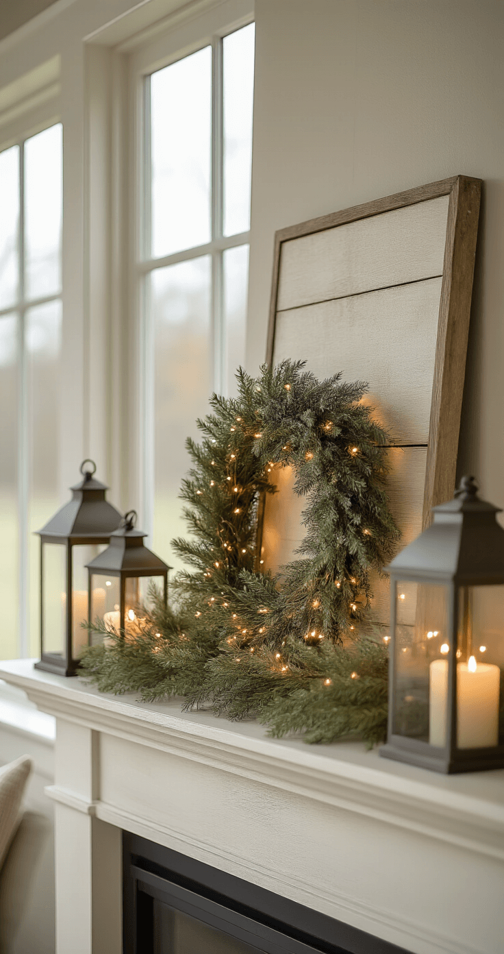 A modern farmhouse mantel featuring an undecorated pre-lit wreath, burnished metal lanterns with soft fairy lights, and a neutral color palette of cream, taupe, and muted sage green. The arrangement includes minimal wood elements and strategically placed decorative objects, illuminated by soft, diffused natural light from large windows, creating a warm and inviting atmosphere. The image showcases a soft focus on textural details, captured with a Canon tilt-shift lens for visual balance, reflecting an effortlessly elegant styling.