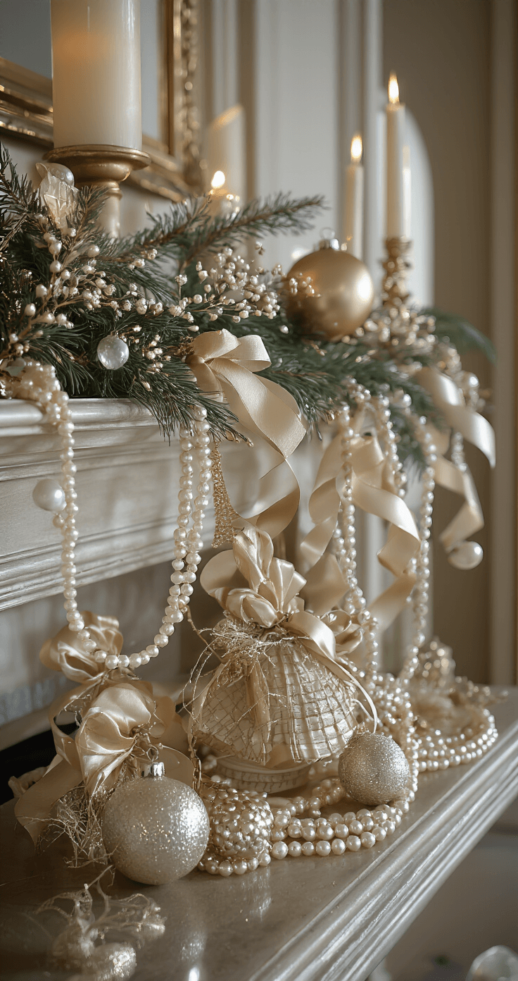 Elegant mantel adorned with gilded ribbons, pearl garlands, and handblown glass ornaments in champagne and platinum tones, featuring a small unlit tabletop tree and a reed diffuser, all softly illuminated to create a luxurious ambiance.