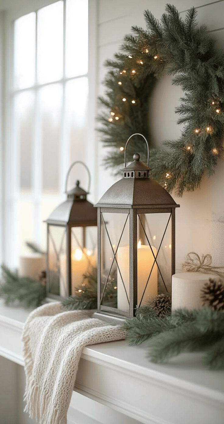 A cozy modern farmhouse Christmas mantel featuring burnished metal lanterns with soft fairy lights, an undecorated pre-lit wreath, and a neutral color palette of cream, taupe, soft gray, and muted green, enhanced by minimal wood elements and natural light from large windows.