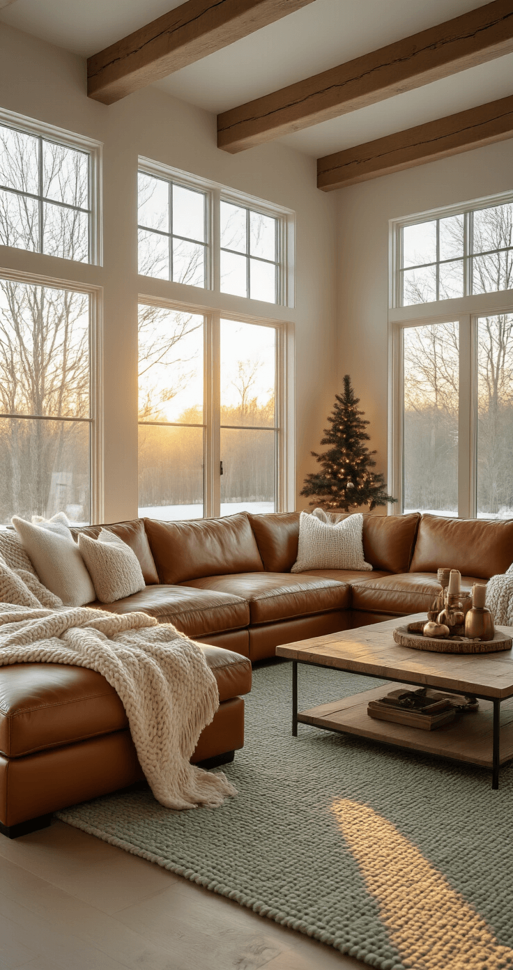 Ultra-realistic interior of a cozy modern farmhouse living room during golden hour, featuring a warm cognac leather sectional, chunky knit cream throw blankets, a pine coffee table with brass accessories, a muted sage green wool rug, and minimalist Christmas decorations with soft shadows and natural sunlight filtering through floor-to-ceiling windows.