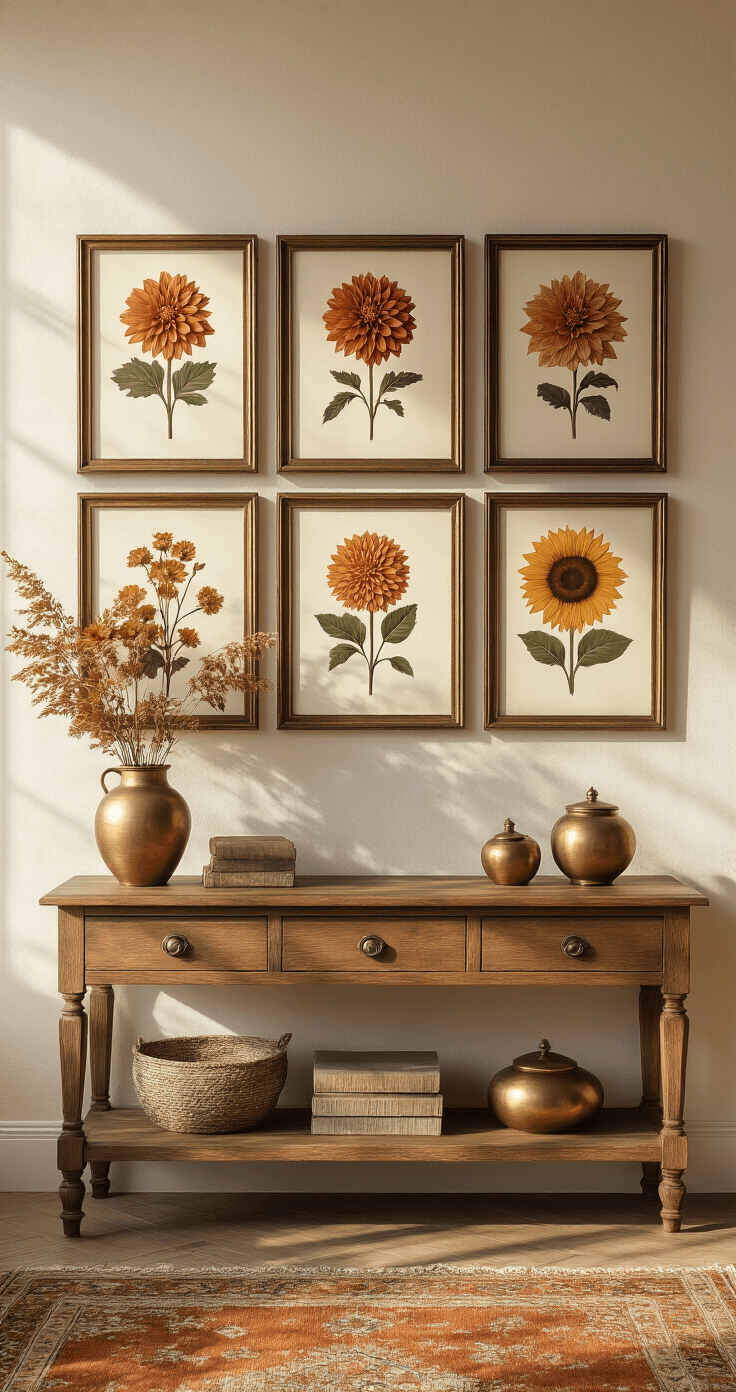 A sunlit living room featuring a botanical gallery wall with vintage bronze frames holding pressed autumn flower prints, including mums, dahlias, and sunflowers, above a handcrafted wooden console adorned with aged brass objects, complemented by a rich terracotta area rug and soft shadows on textured cream walls.