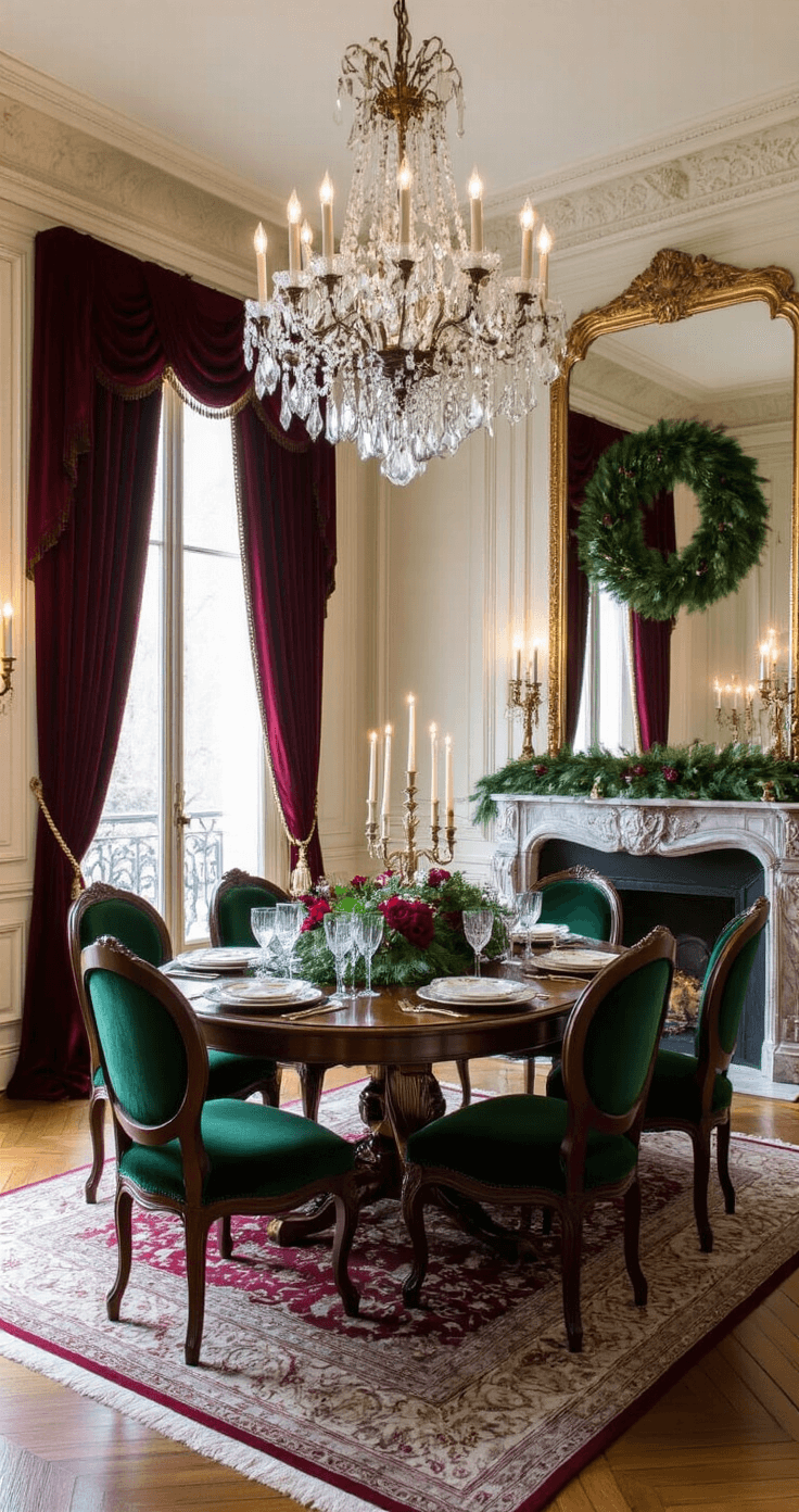 Elegant holiday dining room inspired by Parisian design, featuring a high ceiling, crystal chandelier, mahogany dining table set for Christmas, emerald green velvet chairs, burgundy silk curtains, gold-framed mirror, marble fireplace with wreath, and antique Persian runner, all under soft, romantic lighting.