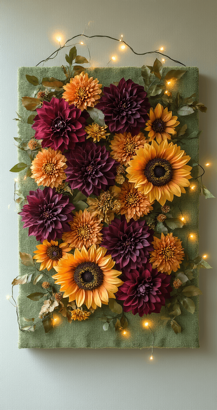Luxurious living wall installation featuring silk fall flowers, including deep burgundy dahlias, burnt orange chrysanthemums, and mustard yellow sunflowers, mounted on distressed sage green foam board with soft fairy lights and warm natural light.