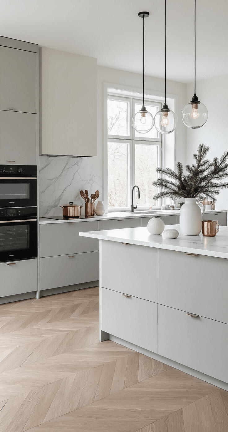 A Scandinavian minimalist kitchen featuring floor-to-ceiling white marble countertops, matte black appliances, pendant lights with glass globes, light oak herringbone flooring, subtle Christmas decor, fresh pine in a white vase, morning light, dove gray cabinetry, copper utensils, and a clean, spacious design.