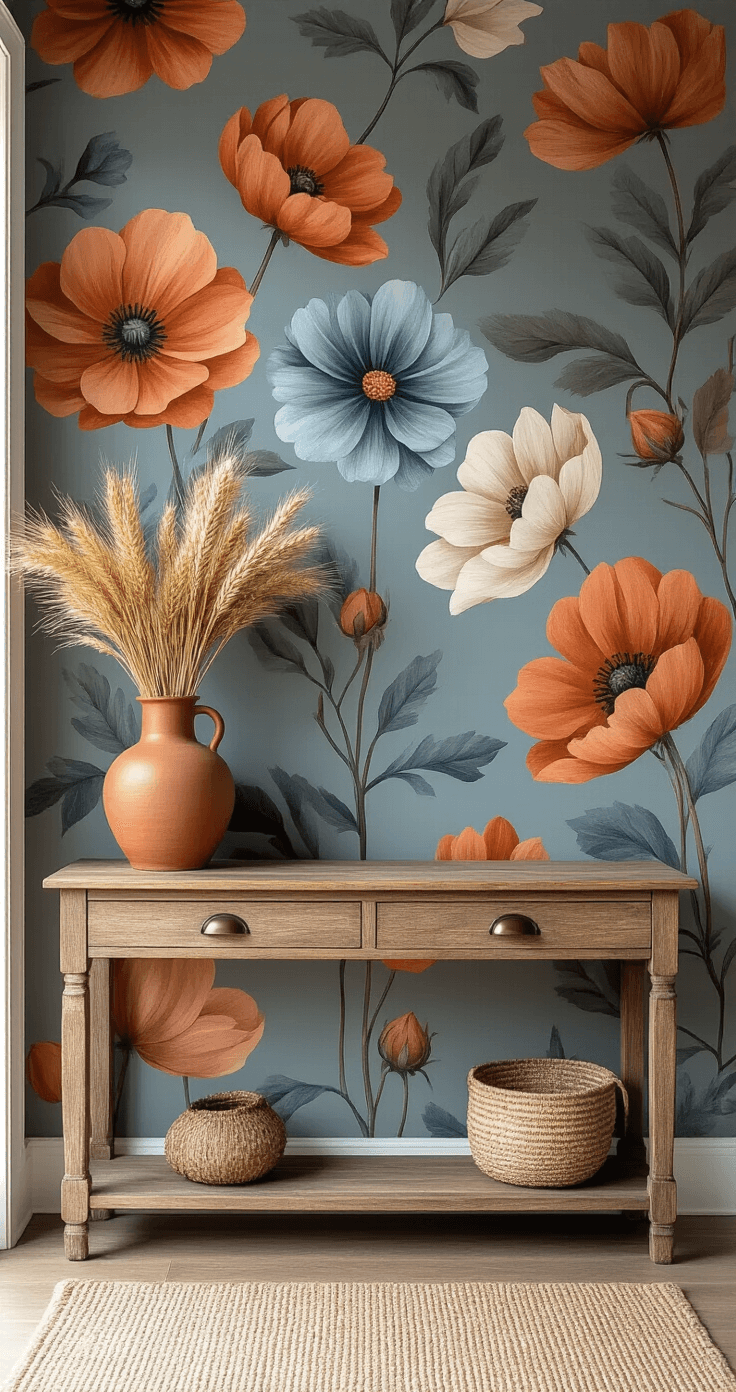 Removable peel-and-stick wallpaper with large-scale botanical print featuring oversized fall flowers in terracotta, dusty blue, and warm gray tones as an accent wall in a modern farmhouse entryway, complemented by a reclaimed wood console with copper accents and a vintage ceramic vase containing dried wheat stalks, all captured in soft ambient light.