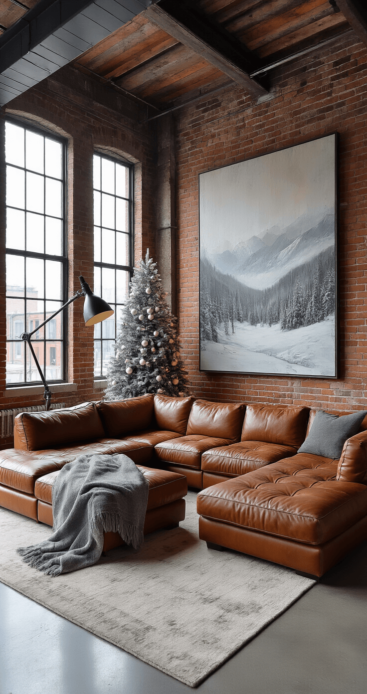 Modern industrial loft interior with exposed brick walls, large steel-framed windows, a tobacco brown leather sectional, polished concrete floors, and a winter landscape abstract art piece, featuring a vintage floor lamp, a minimalist Christmas tree, and slate gray throws, all illuminated by urban morning light casting dramatic shadows.