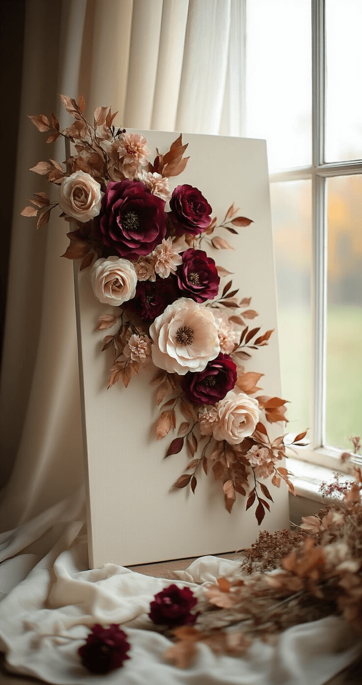 Moody autumn photography backdrop featuring a hand-painted cream canvas, silk flowers in burgundy and blush, and floral clusters that add texture, illuminated by soft natural light filtered through sheer ivory curtains.