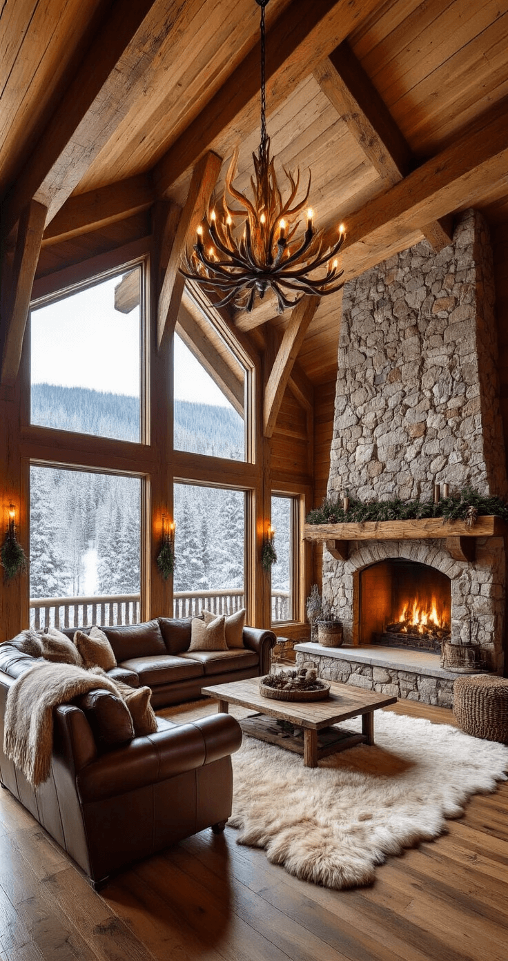 Rustic mountain cabin great room featuring a massive stone fireplace, reclaimed wood beam mantle, antler chandelier, and panoramic windows revealing a snow-covered pine forest, adorned with handwoven wool blankets, sheepskin rugs, and subtle Christmas greenery, all bathed in warm golden hour lighting.