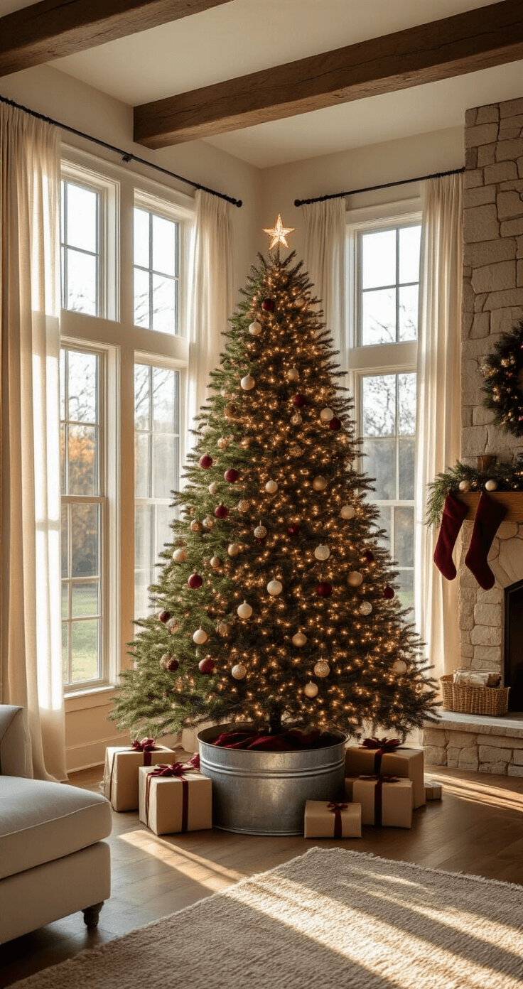 Wide-angle shot of a cozy farmhouse living room featuring a majestic 9-foot Fraser fir Christmas tree, illuminated by warm white lights and adorned with burgundy ribbons and vintage ornaments, with golden hour sunlight streaming through sheer curtains, highlighting reclaimed hardwood floors and a stone fireplace.