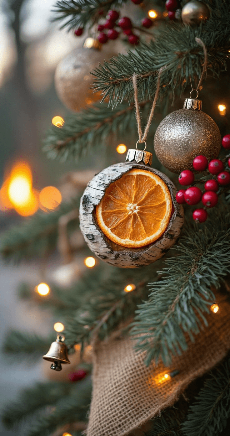 Close-up macro shot of a rustic Christmas tree branch with weathered birch bark ornaments, dried orange slices, vintage mercury glass baubles, and winterberry clusters, illuminated by tree lights, with a softly blurred fireplace glow in the background.