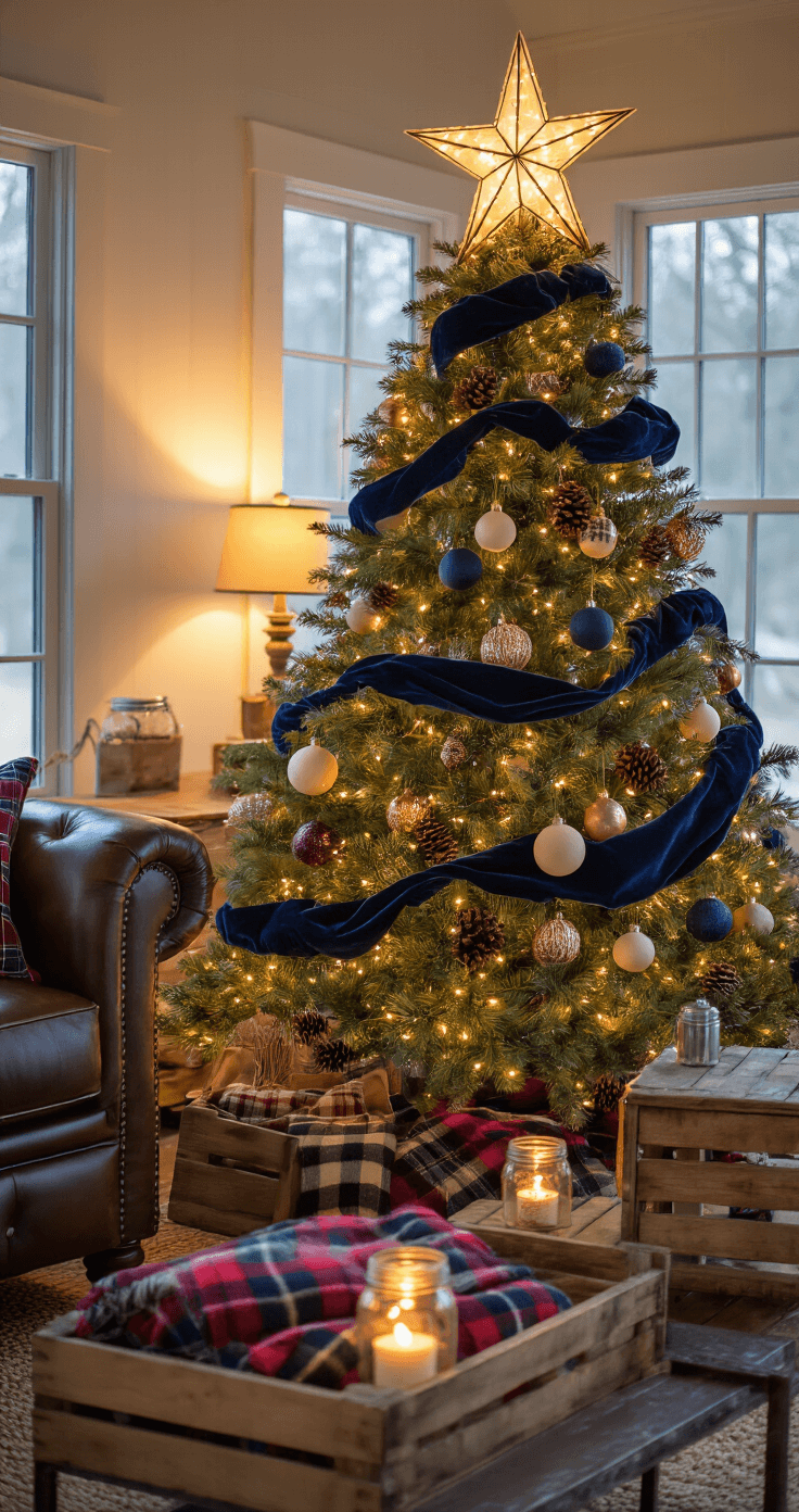 Medium shot of a cozy farmhouse den featuring a decorated seven-foot noble fir Christmas tree with navy blue velvet ribbons and copper-toned ornaments, topped with a birch star wrapped in fairy lights. The scene includes a vintage wooden crate filled with plaid wool blankets, a distressed leather armchair, mason jar luminaries, and a galvanized metal side table with hot cocoa, all illuminated by warm amber lighting to create an intimate holiday atmosphere.