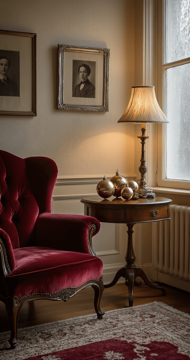 Ultra-detailed vintage living room with soft amber lamplight, mahogany side table adorned with antique brass ornaments, a faded red velvet armchair by a frosted window, creamy textured walls, a vintage wool rug in muted burgundy, ornate silver picture frames holding sepia family photographs, and gentle shadows creating a nostalgic atmosphere.