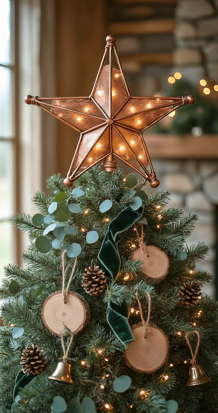 Detail shot of a unique handmade copper pipe star tree topper adorned with eucalyptus sprigs and warm white micro lights, surrounded by branches decorated with forest green velvet ribbon, wood slice ornaments, pinecone clusters, and antique brass sleigh bells, all illuminated with dramatic uplighting, with a soft-focus stone fireplace mantel in the background.