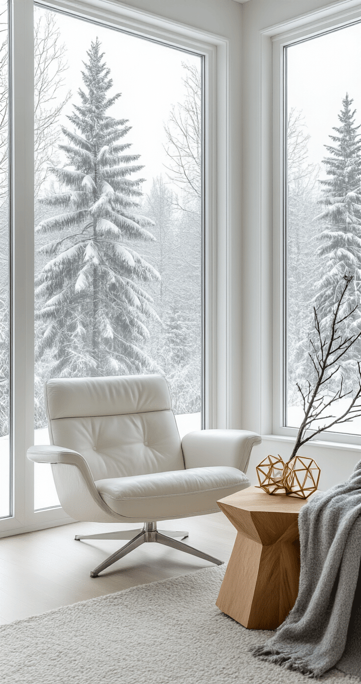 Minimalist Scandinavian living space with crisp white walls and large floor-to-ceiling windows, showcasing a snow-covered pine forest. Features a mid-century modern white leather chair, a geometric wood side table with a pine branch and gold geometric ornament, and a soft gray wool throw. The composition highlights clean lines, natural daylight, and subtle silver metallic accents within a cool color palette.
