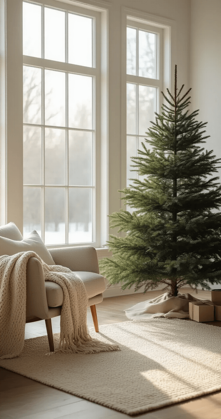 A winter interior with a freshly cut Christmas tree near bay windows, filtered natural light through frosted glass, a warm beige wool rug on hardwood floors, minimalist Scandinavian furniture in muted colors, a textured throw on a mid-century modern armchair, and scattered pine needles, captured from a low angle to evoke tree perspective.