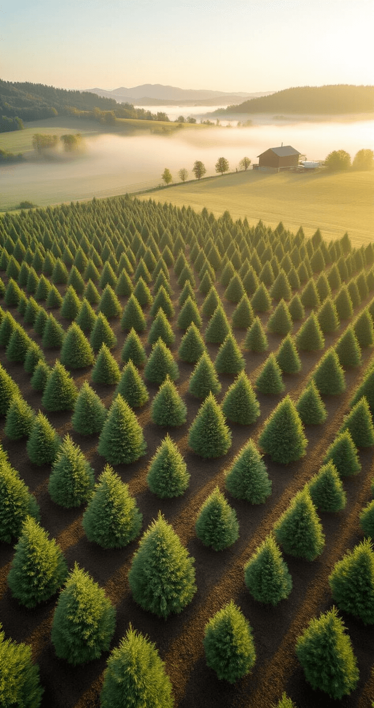 Aerial view of a meticulously planned Christmas tree plantation with a 5x5 grid of young evergreen saplings across rolling terrain, morning mist and golden sunlight casting long shadows, with rustic wooden farm structures in the distance.