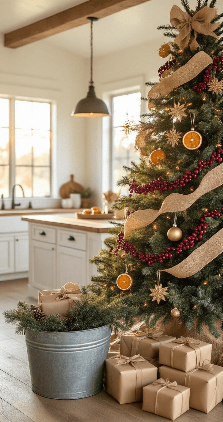 Wide establishing shot of a cozy open-concept farmhouse kitchen and living area during golden hour, featuring a large Christmas tree decorated with burlap ribbon and vintage ornaments. Natural materials like dried orange slices and fresh pine sprigs are present, with wrapped gifts in kraft paper around a galvanized bucket. Sunlight streams through large windows, highlighting white shiplap walls and butcher block countertops.