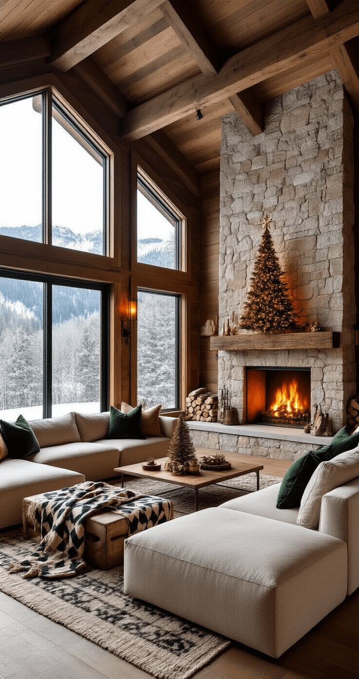 A modern rustic cabin interior featuring an open-concept living area with a reclaimed wood accent wall, a large stone fireplace, an oversized oatmeal-toned linen sectional sofa adorned with a geometric wool blanket, and forest green velvet throw pillows. A copper coffee table holds a vintage brass Christmas tree sculpture, while a large arched window reveals a snow-covered mountain landscape, all bathed in golden hour lighting.