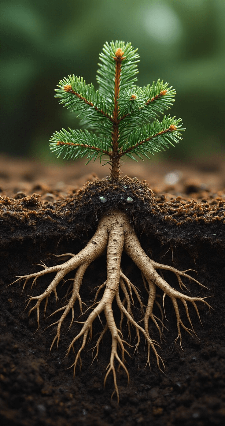 Close-up of a Christmas tree root system in dark loamy soil, highlighting intricate root fibers and moisture droplets with hyper-realistic detail and soft side lighting.