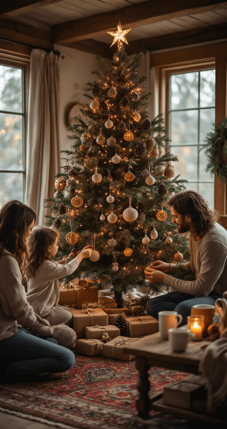 A warm evening scene of a family gathered around a rustic Christmas tree, with children adding handmade salt dough ornaments while parents decorate the upper branches. The tree features vintage baubles, travel souvenirs, and dried citrus garlands, surrounded by a cozy atmosphere with a Persian rug, wrapped gifts in brown paper, and steaming mugs. Soft window light and string lights enhance the enchanting ambiance.