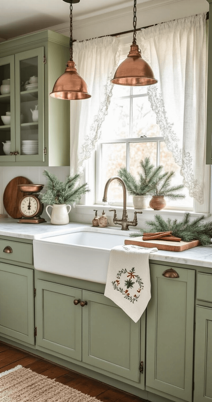 A cozy farmhouse kitchen decorated for Christmas, featuring a large white ceramic sink, sage green cabinetry, and warm natural light streaming through lace curtains, complemented by vintage wooden cutting boards, pine branches, and cinnamon sticks on marble countertops.