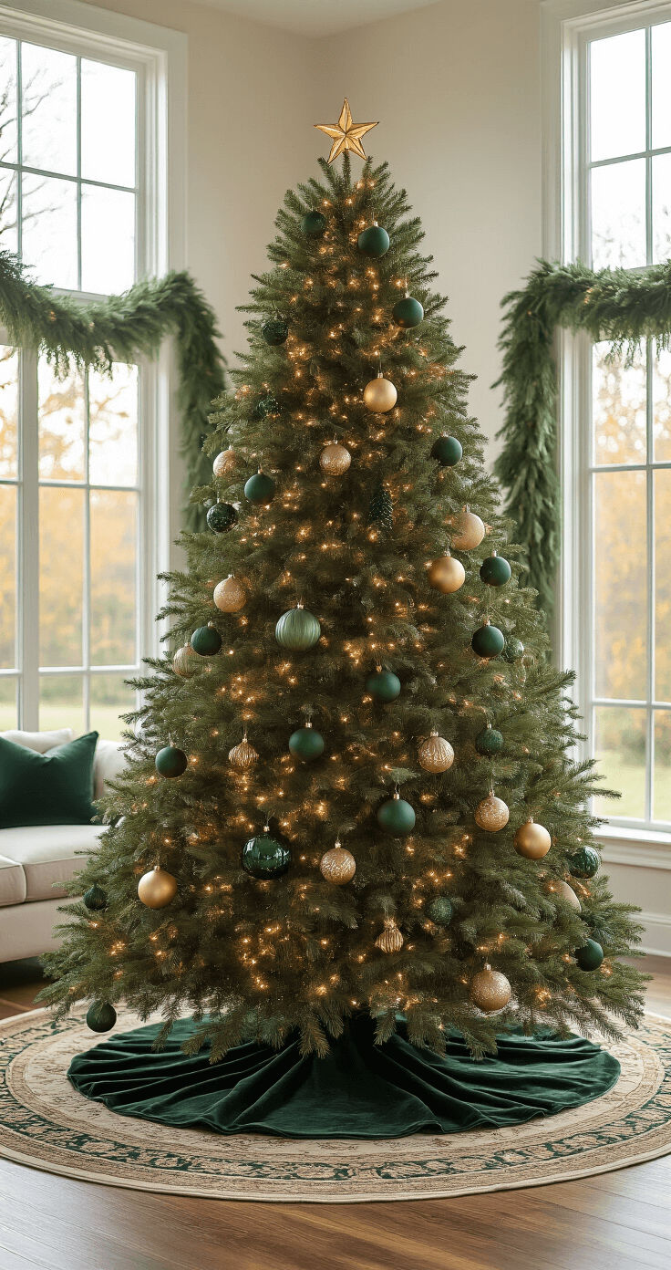 Photorealistic view of a 9-foot Fraser fir Christmas tree adorned with forest green velvet ornaments, sage glass baubles, and gold accents, set in a spacious living room with natural wood flooring and a Persian rug, illuminated by golden hour light streaming through tall windows.