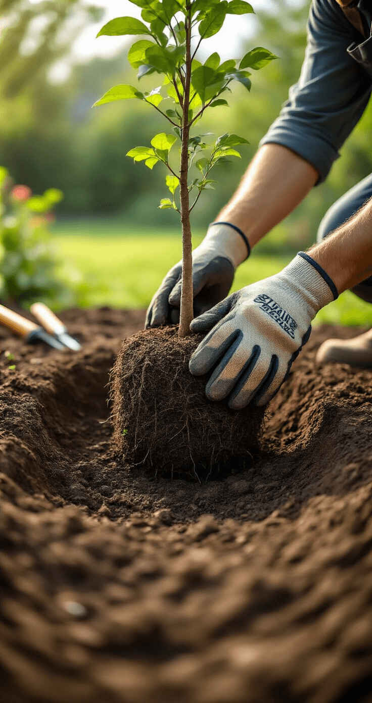 Professional gardener in gloves planting a tree with precision in a well-prepared soil pit, surrounded by neatly arranged tools and a softly blurred, well-maintained garden in early morning light.