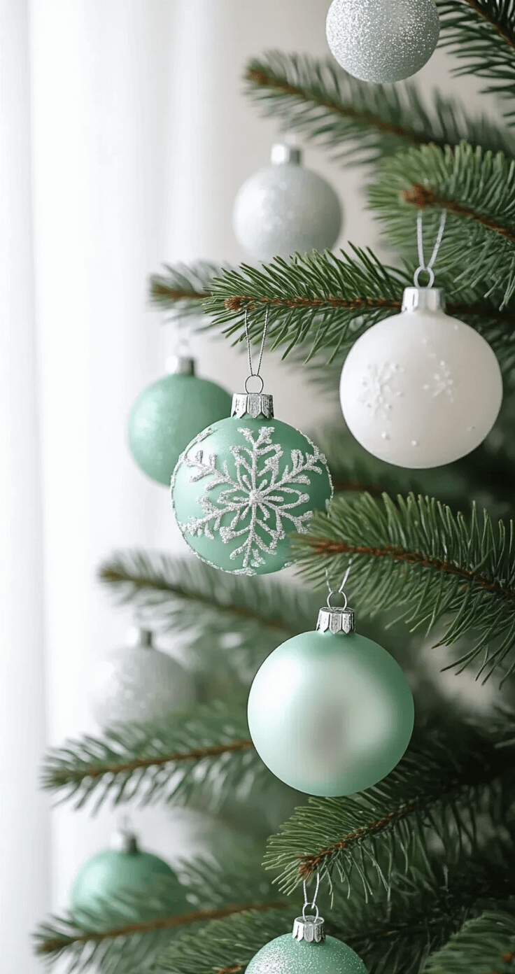 Close-up of Christmas tree branches featuring mint green and white ornaments, silver accents, and clear glass elements; modern minimalist living space with white walls and concrete floors in soft focus; afternoon light creating gentle shadows; textures of DIY salt dough ornaments alongside store-bought pieces captured in macro lens with a cool-toned palette.