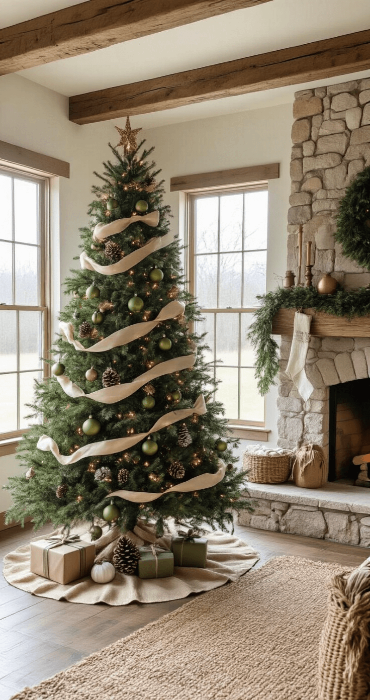 Wide-angle view of a rustic farmhouse living room showcasing a 7-foot Christmas tree adorned with olive green ornaments, cream ribbon, and natural jute garland, under morning light streaming through farmhouse windows. Exposed wooden beams and a stone fireplace set the scene, complemented by a burlap tree skirt and scattered pinecones, all contributing to a warm, bohemian atmosphere.