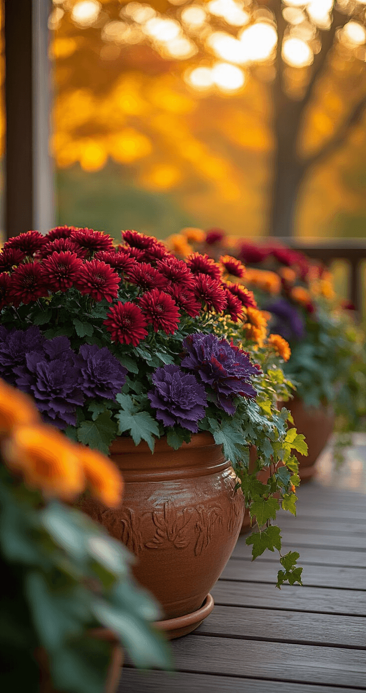 A vibrant outdoor fall container garden scene on a rustic wooden deck, featuring terracotta planters filled with burgundy chrysanthemums, purple ornamental kale, and cascading ivy, illuminated by warm golden light and surrounded by amber and crimson maple trees.