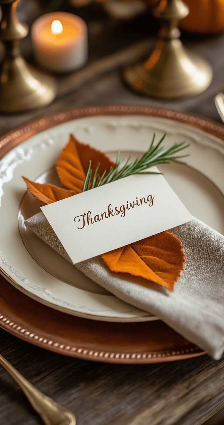 Intimate close-up of a Thanksgiving place setting with a vintage cream dinner plate on a copper charger, a hand-written name card on a golden-edged autumn leaf, a burnt orange velvet ribbon tied around a linen napkin with a fresh rosemary sprig, and soft bokeh candlelight in the background, creating a warm and elegant atmosphere.
