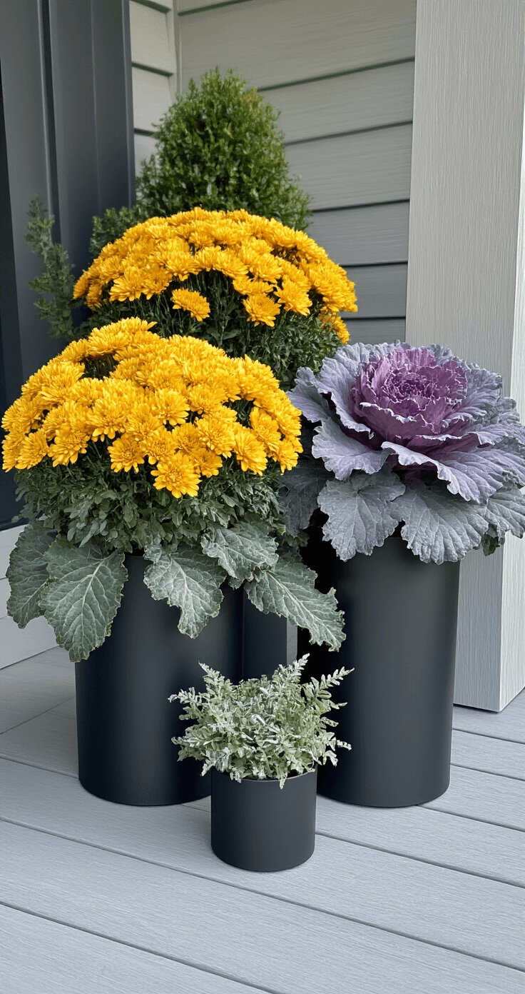 A symmetrical autumn porch arrangement featuring matte black metal containers filled with golden yellow mums, sculptural ornamental cabbage with lavender-edged leaves, and silver dusty miller. Morning fog diffuses light, casting soft shadows on a weathered wooden house siding background, highlighting intricate plant details with a cool slate gray hue and a central focus on the thriller plant.