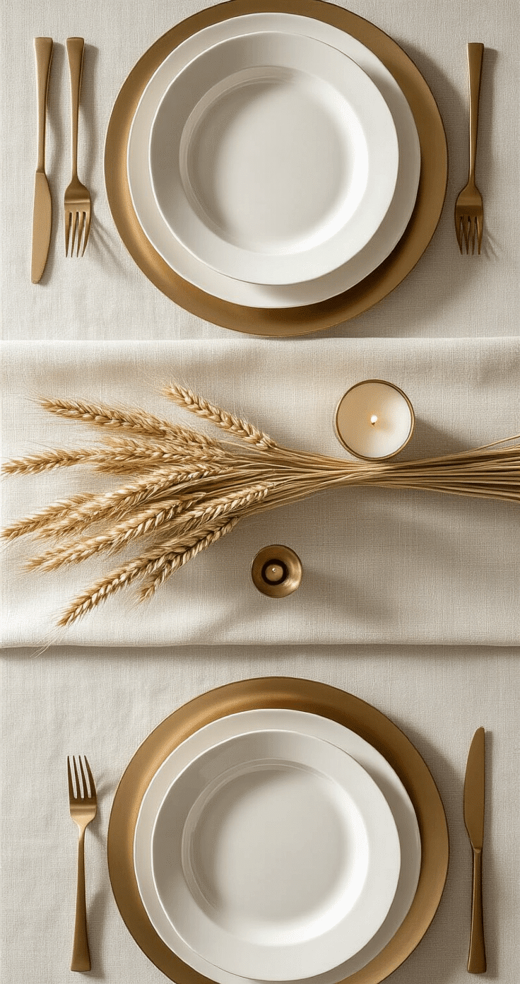 Minimalist Thanksgiving table set with white porcelain plates on gold-rimmed chargers, featuring a sparse centerpiece of dried wheat stalks and brass candlesticks, accentuated by a neutral linen table runner and soft afternoon light, emphasizing a muted color palette of cream, gold, and natural wood tones.