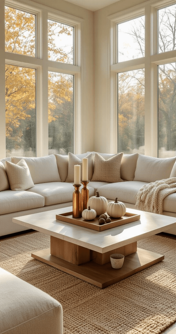 A modern living room with a sleek rectangular coffee table, warm afternoon light filtering through large windows, cream-colored sectional sofas, a decorative wooden tray with copper candlesticks, ceramic pumpkins in ivory and sage, scattered acorns, a chunky knit throw, a marble side table, and a jute area rug in warm neutral tones.