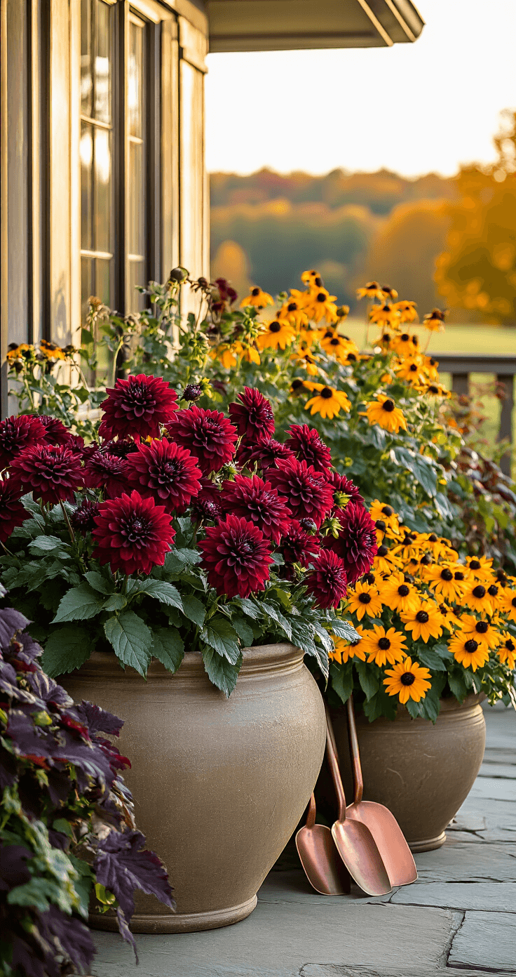 A dramatic rustic farmhouse fall container garden featuring deep burgundy dahlias, sunny black-eyed Susans, and rich burgundy coleus on a large weathered stone patio, illuminated by late afternoon side lighting with warm amber and deep wine red tones, and copper garden tools subtly placed nearby.