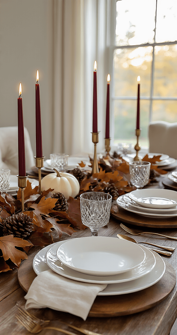 Dramatic low-angle view of an elegant Thanksgiving table adorned with deep burgundy and ivory colors, layered place settings on wooden chargers, taper candles in brass holders casting shadows, and natural elements like oak leaves and pinecones, all bathed in soft evening light.