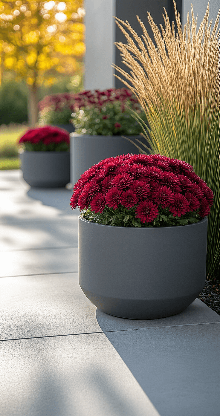 A modern minimalist fall container design featuring sleek charcoal planters with deep burgundy mums and a lone ornamental grass, set on a concrete patio. Crisp morning light casts geometric shadows, highlighting the cool gray and deep wine red color palette in an urban contemporary aesthetic.