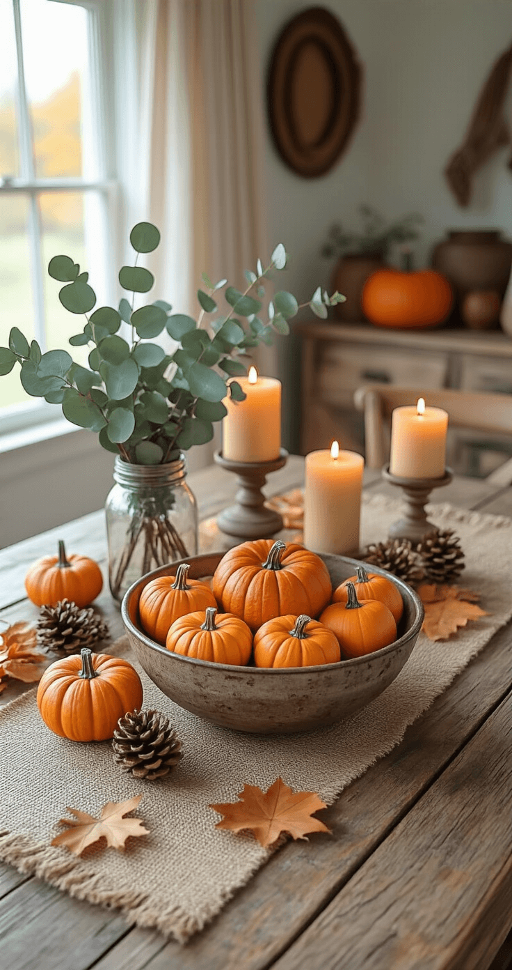 Overhead view of a rustic farmhouse coffee table styled with mini pumpkins in a vintage dough bowl, tall eucalyptus stems in a mason jar, and medium pillar candles, all illuminated by soft morning light. The arrangement features scattered pinecones and fall leaves atop a burlap table runner, with a color scheme of deep orange, burgundy, and warm brass accents, creating a cozy atmosphere.