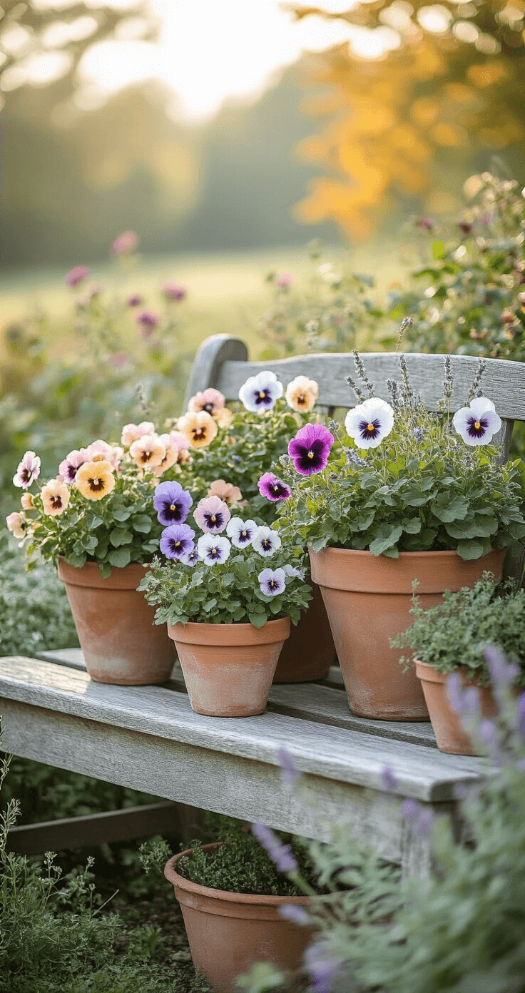 A charming fall container arrangement featuring pastel pansies, delicate petunias, and cascading verbena in mismatched vintage terracotta pots on a weathered wooden bench, complemented by silver dusty miller and set against a blurred English garden landscape in soft morning light.